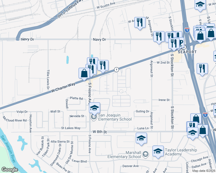 map of restaurants, bars, coffee shops, grocery stores, and more near 1738 Bella Lago Drive in Stockton