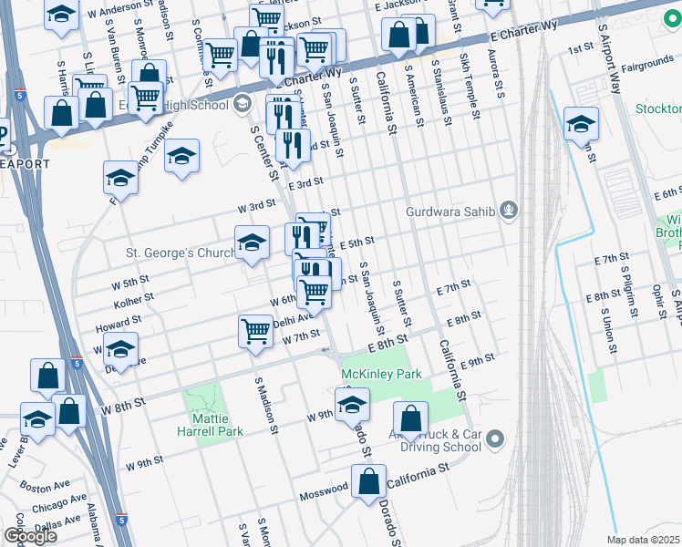 map of restaurants, bars, coffee shops, grocery stores, and more near 1952 South Hunter Street in Stockton