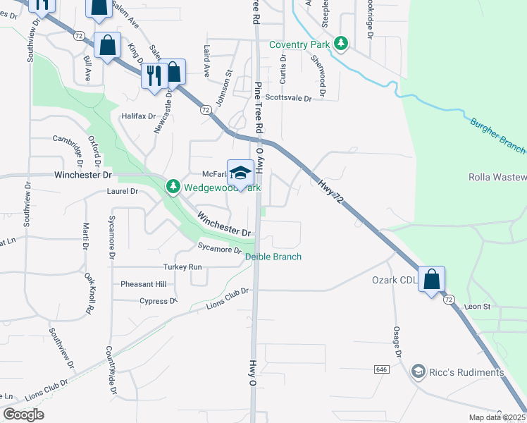 map of restaurants, bars, coffee shops, grocery stores, and more near 1409 Commercial Drive in Rolla