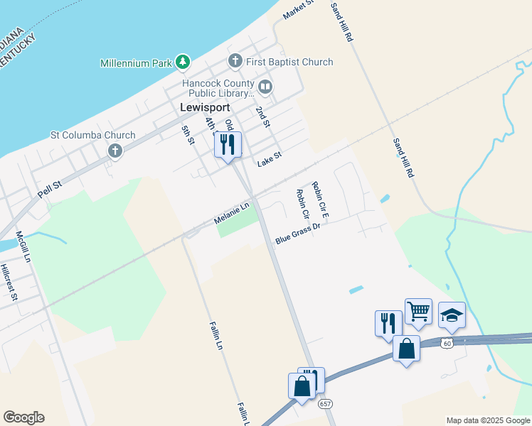 map of restaurants, bars, coffee shops, grocery stores, and more near 100 Poplar Grove Court in Lewisport
