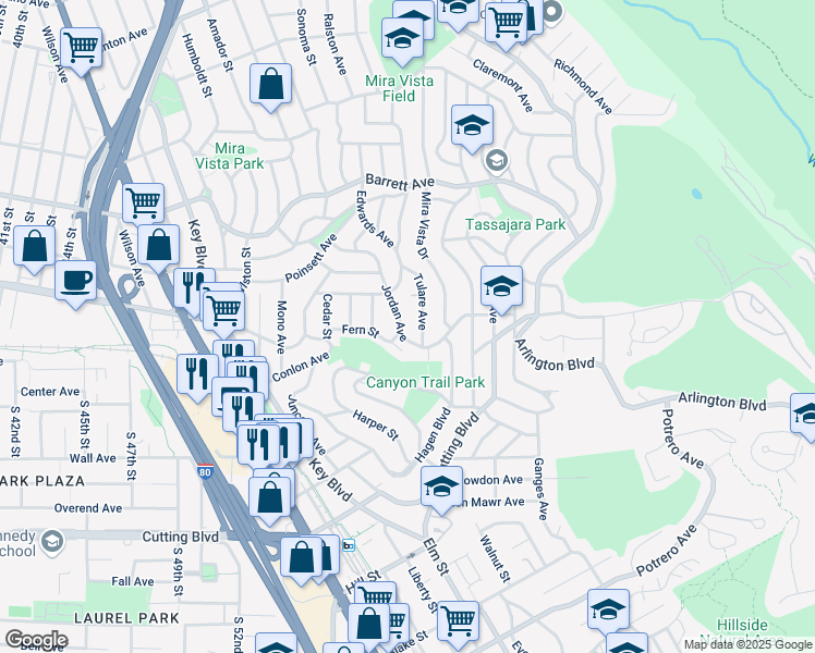 map of restaurants, bars, coffee shops, grocery stores, and more near 5929 Jordan Avenue in El Cerrito
