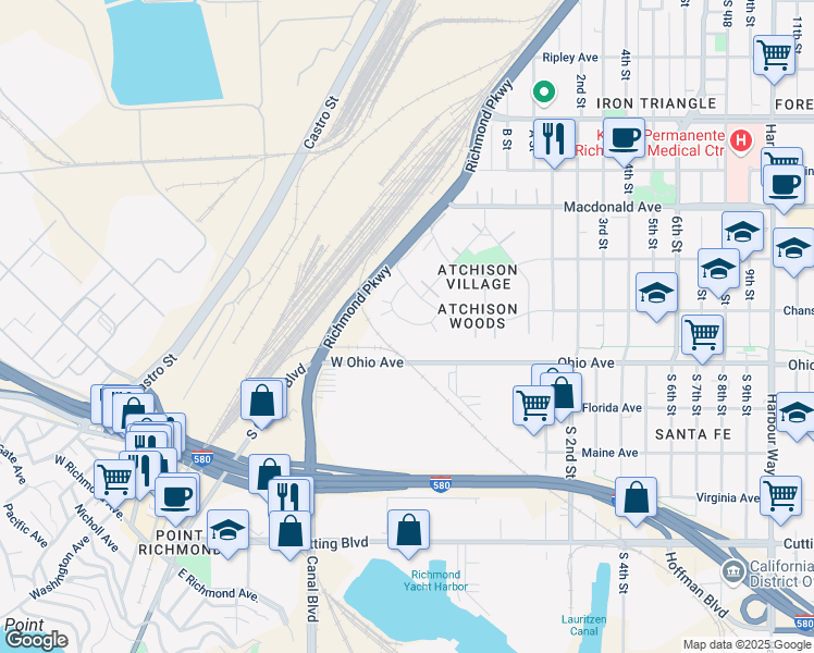 map of restaurants, bars, coffee shops, grocery stores, and more near 36 Chanslor Circle in Richmond