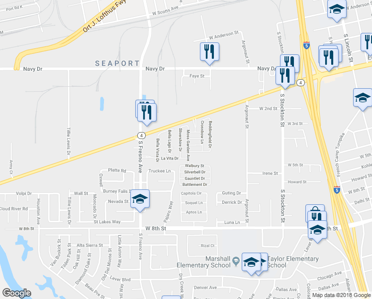 map of restaurants, bars, coffee shops, grocery stores, and more near 1733 Moss Garden Avenue in Stockton
