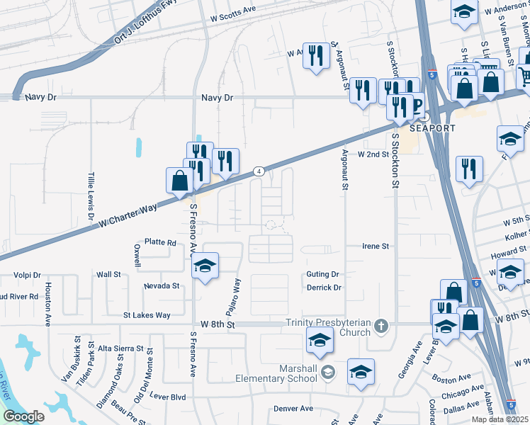 map of restaurants, bars, coffee shops, grocery stores, and more near 1441 Delta River Avenue in Stockton