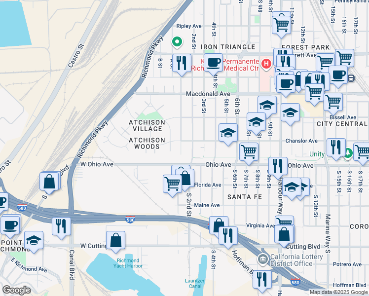 map of restaurants, bars, coffee shops, grocery stores, and more near 30-34 1st Street in Richmond