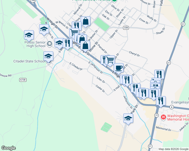 map of restaurants, bars, coffee shops, grocery stores, and more near 312 Lilac Drive in Potosi