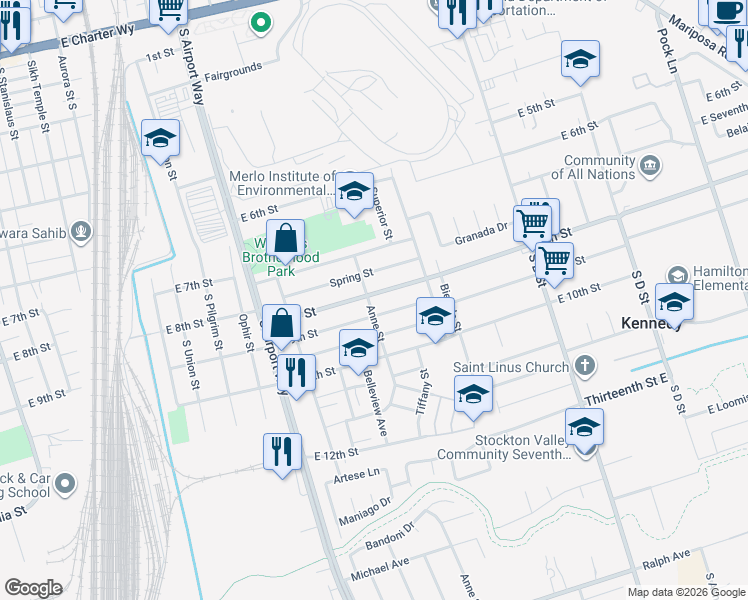 map of restaurants, bars, coffee shops, grocery stores, and more near 1618 East 8th Street in Stockton