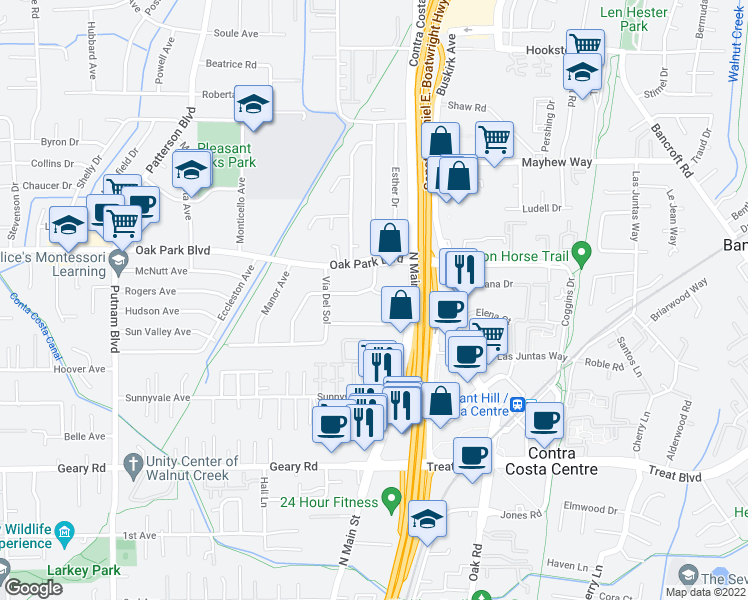 map of restaurants, bars, coffee shops, grocery stores, and more near 46 Pleasant Valley Drive in Walnut Creek