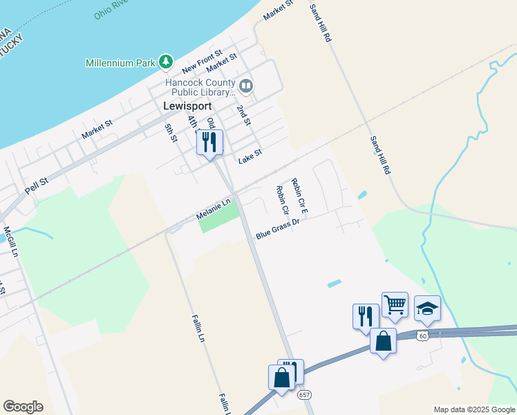 map of restaurants, bars, coffee shops, grocery stores, and more near 100 Poplar Grove Court in Lewisport