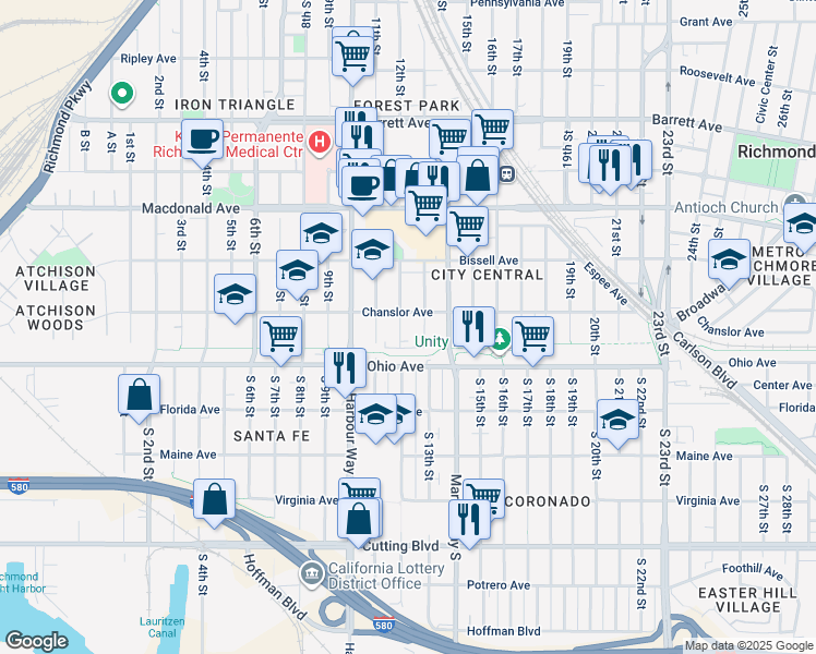 map of restaurants, bars, coffee shops, grocery stores, and more near 38 12th Street in Richmond