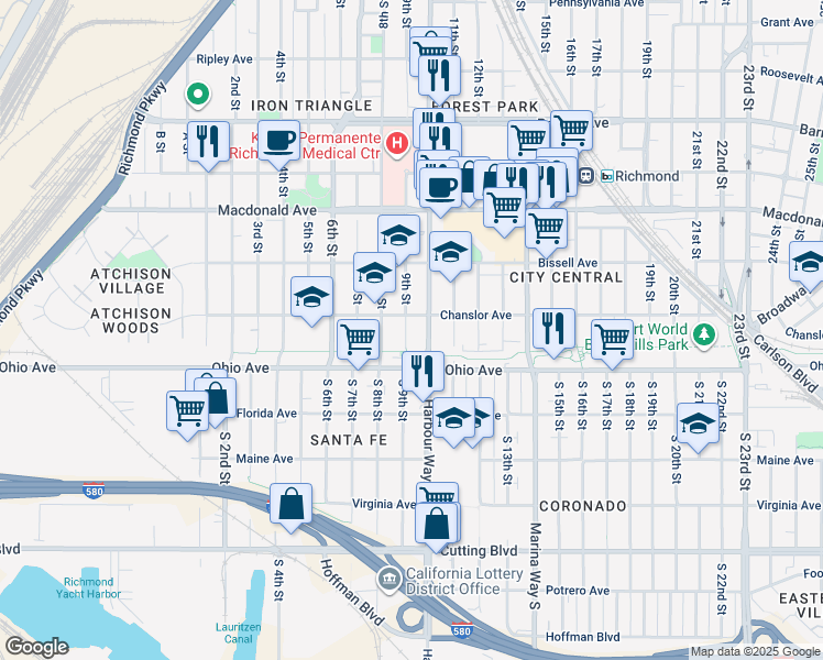 map of restaurants, bars, coffee shops, grocery stores, and more near 29 9th Street in Richmond