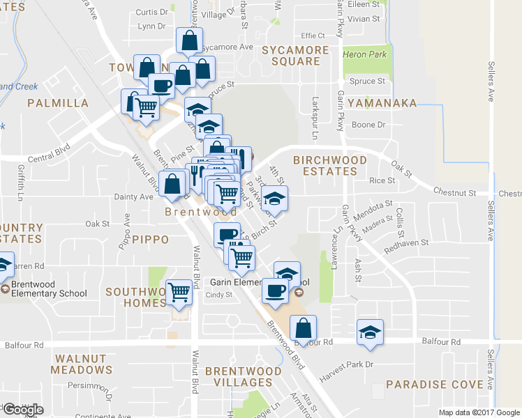 map of restaurants, bars, coffee shops, grocery stores, and more near 546 2nd Street in Brentwood