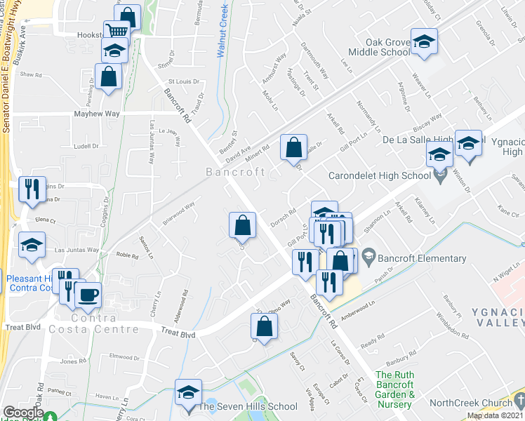 map of restaurants, bars, coffee shops, grocery stores, and more near 860 Bancroft Road in Walnut Creek