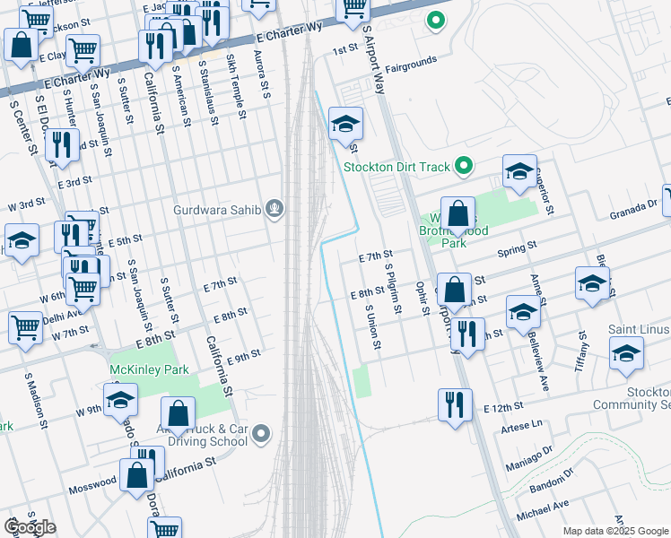 map of restaurants, bars, coffee shops, grocery stores, and more near 2101 South Sacramento Street in Stockton