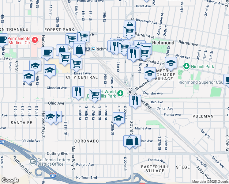 map of restaurants, bars, coffee shops, grocery stores, and more near 26 20th Street in Richmond