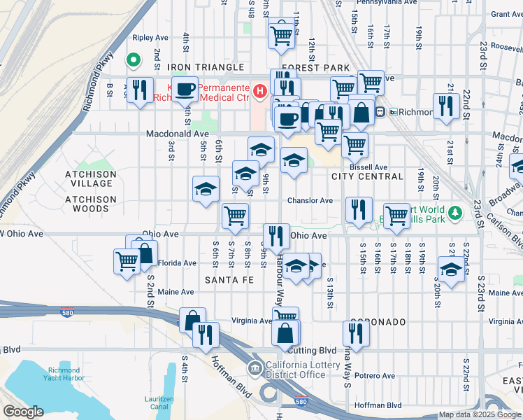 map of restaurants, bars, coffee shops, grocery stores, and more near 29 9th Street in Richmond