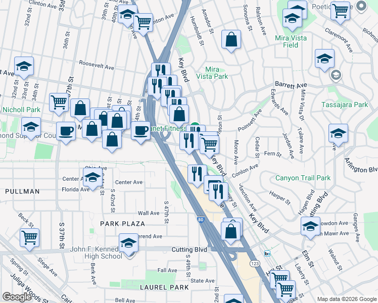 map of restaurants, bars, coffee shops, grocery stores, and more near 4838 Macdonald Avenue in Richmond