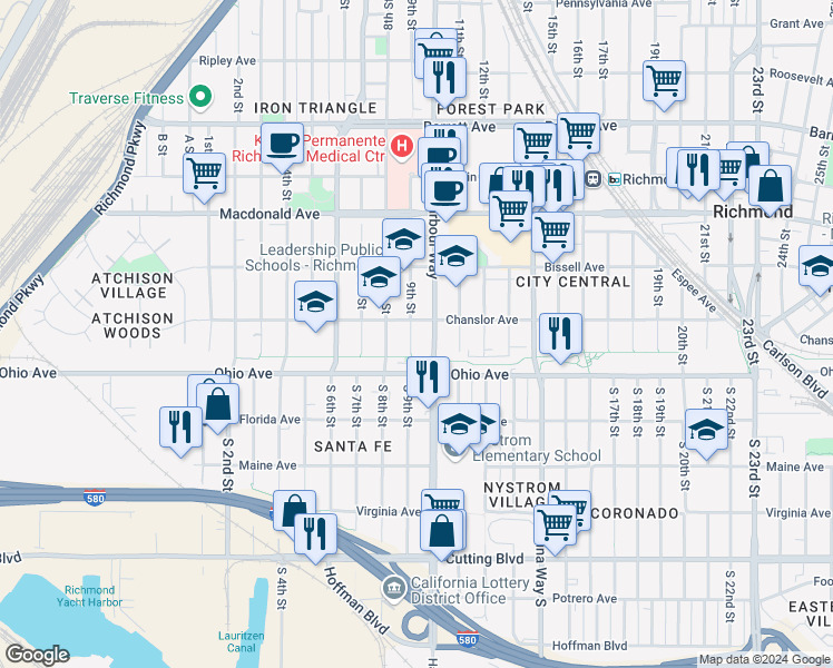 map of restaurants, bars, coffee shops, grocery stores, and more near 30 9th Street in Richmond