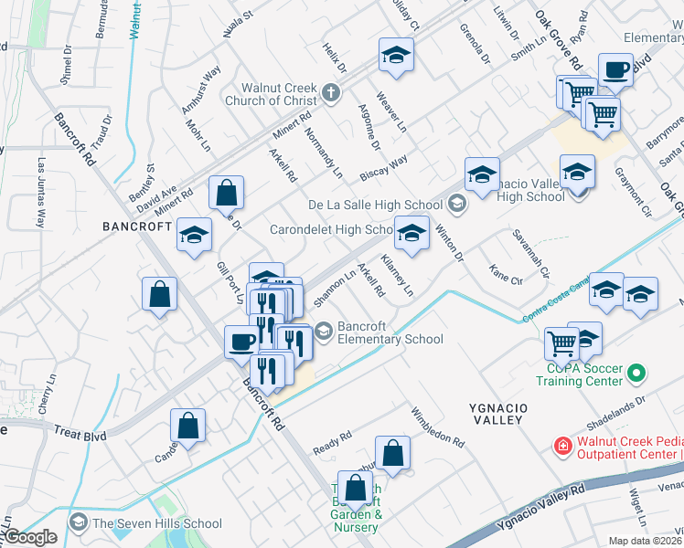 map of restaurants, bars, coffee shops, grocery stores, and more near 2356 Shannon Lane in Walnut Creek