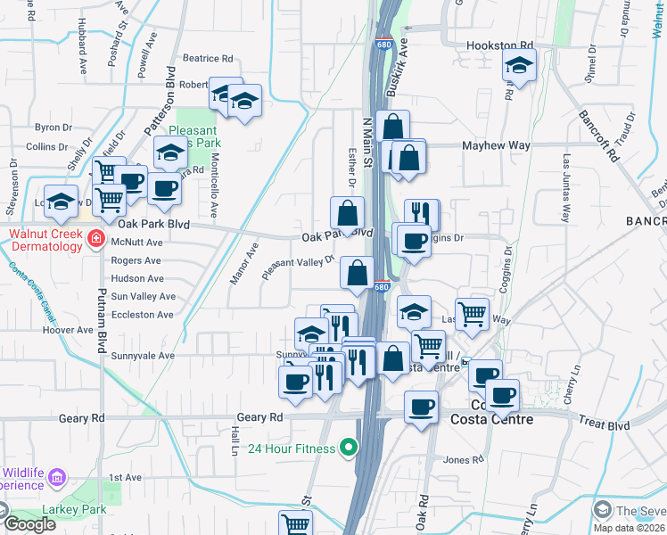map of restaurants, bars, coffee shops, grocery stores, and more near 46 Pleasant Valley Drive in Walnut Creek