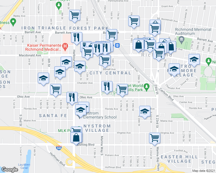 map of restaurants, bars, coffee shops, grocery stores, and more near 36 15th Street in Richmond