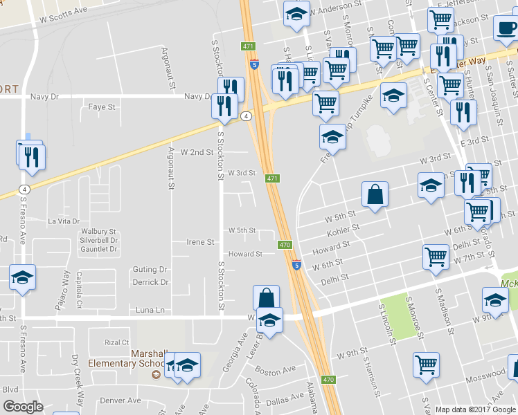 map of restaurants, bars, coffee shops, grocery stores, and more near 1768 Herman Court in Stockton