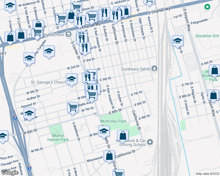 map of restaurants, bars, coffee shops, grocery stores, and more near 1950 South San Joaquin Street in Stockton