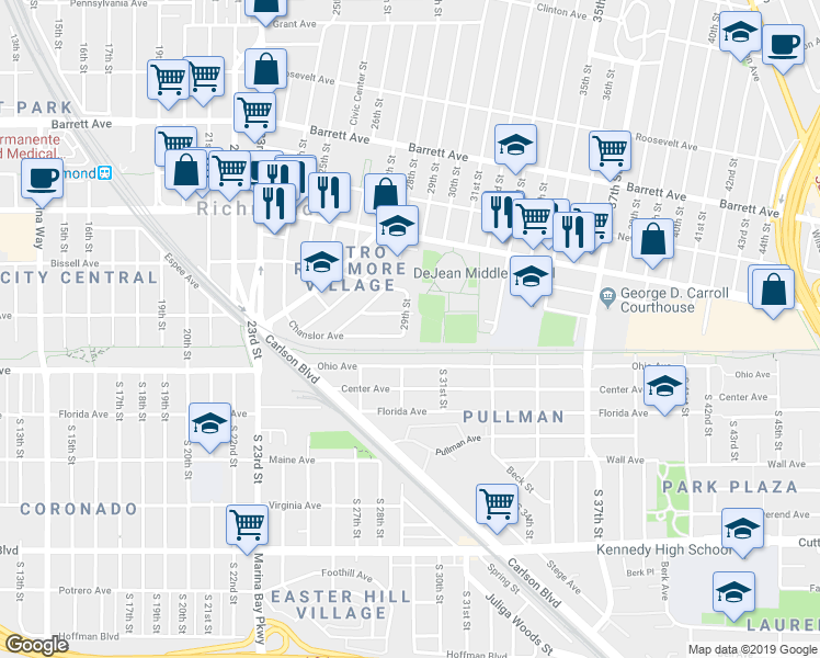 map of restaurants, bars, coffee shops, grocery stores, and more near 36 29th Street in Richmond