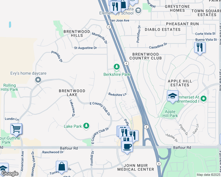 map of restaurants, bars, coffee shops, grocery stores, and more near 330 Roundhill Drive in Brentwood