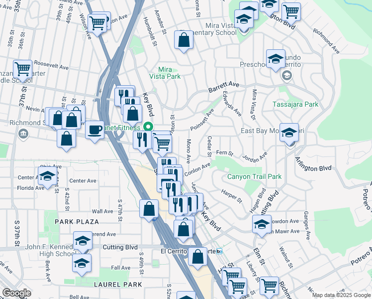 map of restaurants, bars, coffee shops, grocery stores, and more near 2317 Mono Avenue in El Cerrito