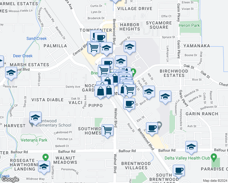 map of restaurants, bars, coffee shops, grocery stores, and more near 8385 Brentwood Boulevard in Brentwood