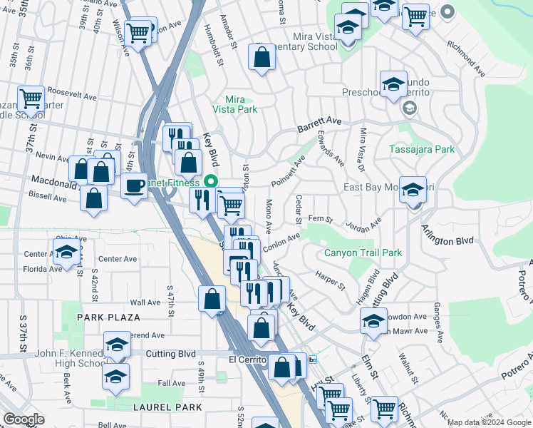 map of restaurants, bars, coffee shops, grocery stores, and more near 2317 Mono Avenue in El Cerrito
