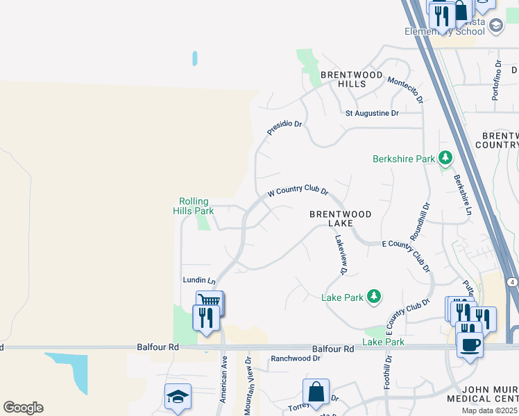 map of restaurants, bars, coffee shops, grocery stores, and more near 245 West Country Club Drive in Brentwood