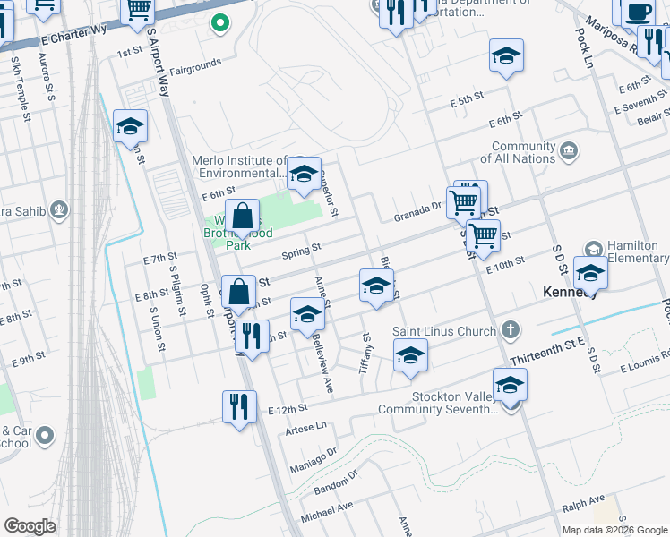 map of restaurants, bars, coffee shops, grocery stores, and more near 1618 East 8th Street in Stockton
