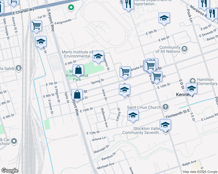 map of restaurants, bars, coffee shops, grocery stores, and more near 1618 East 8th Street in Stockton