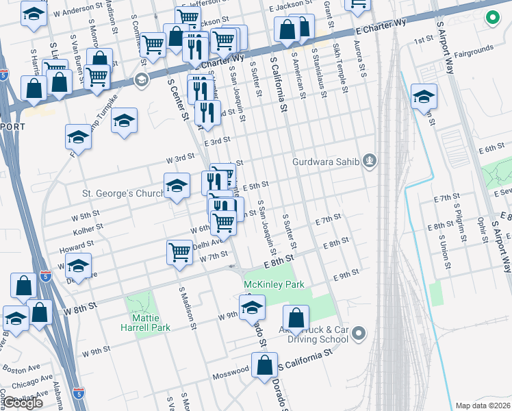 map of restaurants, bars, coffee shops, grocery stores, and more near 1952 South Hunter Street in Stockton