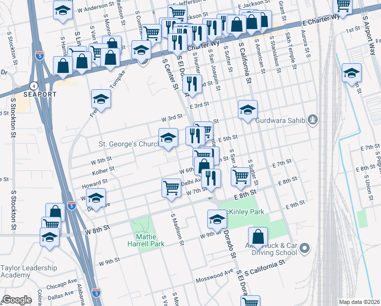 map of restaurants, bars, coffee shops, grocery stores, and more near 55 Howard Street in Stockton