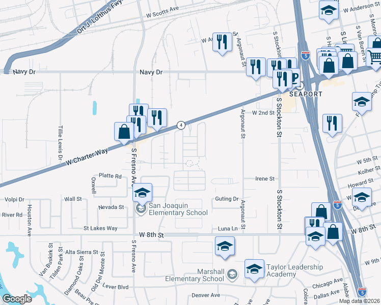 map of restaurants, bars, coffee shops, grocery stores, and more near 1441 Delta River Avenue in Stockton