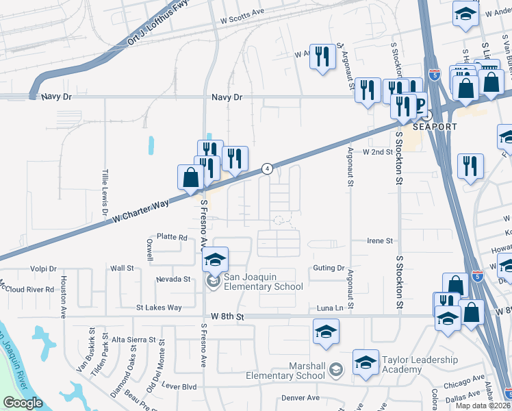 map of restaurants, bars, coffee shops, grocery stores, and more near 1738 Bella Lago Drive in Stockton