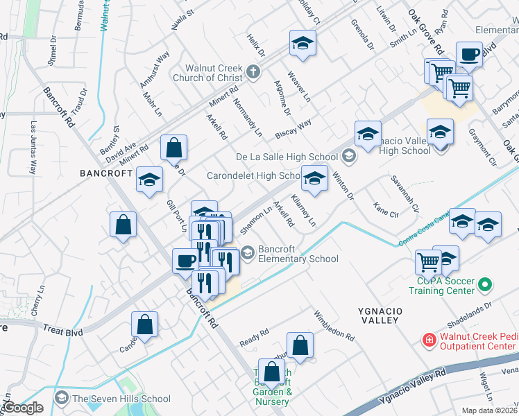 map of restaurants, bars, coffee shops, grocery stores, and more near 2356 Shannon Lane in Walnut Creek