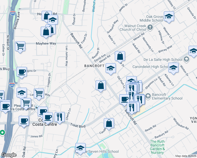 map of restaurants, bars, coffee shops, grocery stores, and more near 1896 Countrywood Court in Walnut Creek