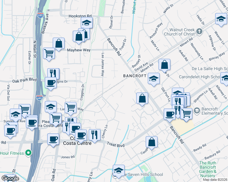 map of restaurants, bars, coffee shops, grocery stores, and more near 11 Briarwood Court in Walnut Creek