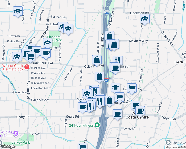 map of restaurants, bars, coffee shops, grocery stores, and more near 46 Pleasant Valley Drive in Walnut Creek