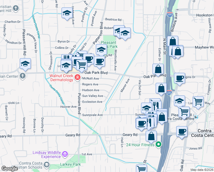 map of restaurants, bars, coffee shops, grocery stores, and more near 3157 Rogers Avenue in Walnut Creek
