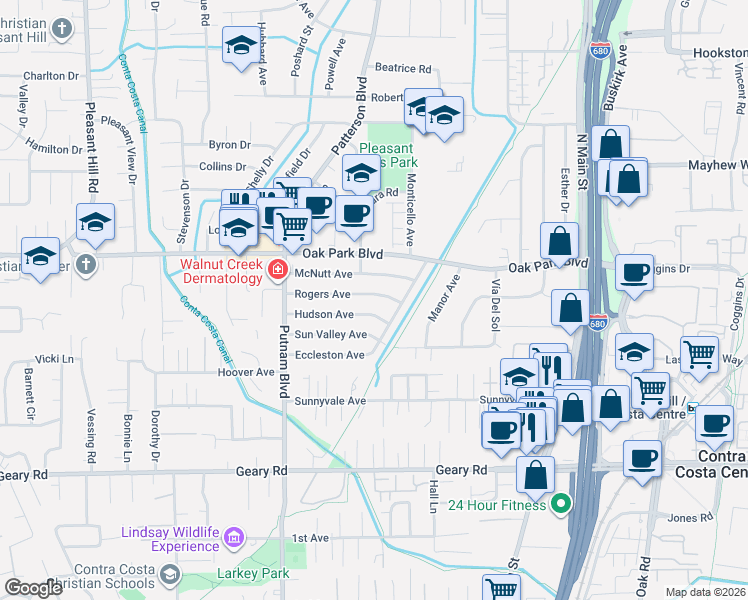 map of restaurants, bars, coffee shops, grocery stores, and more near 3157 Rogers Avenue in Walnut Creek