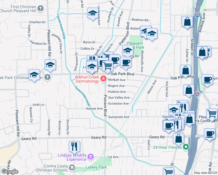 map of restaurants, bars, coffee shops, grocery stores, and more near 3280 Hudson Avenue in Walnut Creek