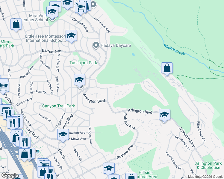 map of restaurants, bars, coffee shops, grocery stores, and more near 7305 Pebble Beach Drive in El Cerrito