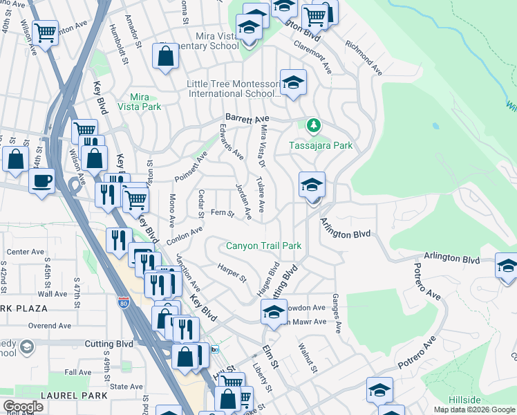 map of restaurants, bars, coffee shops, grocery stores, and more near 5929 Jordan Avenue in El Cerrito