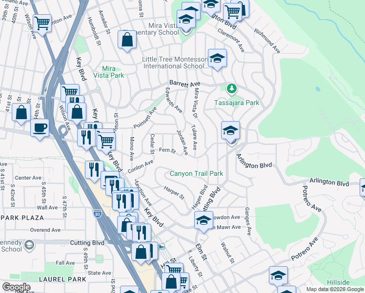 map of restaurants, bars, coffee shops, grocery stores, and more near 5929 Jordan Avenue in El Cerrito