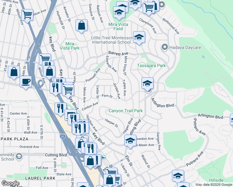 map of restaurants, bars, coffee shops, grocery stores, and more near 5929 Jordan Avenue in El Cerrito